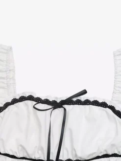 Women Square Neck Puff Short Sleeve Black Lace Bow Peplum Babydoll Blouse Top