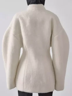 Women Stand Collar Batwing Oversleeve Cinched Waist Wool Blend Peplum Coat