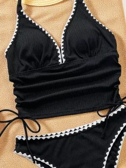 Women Two Piece Swimsuits Black Two-Tone Cut Out Halter Summer Beach Bathing Suits