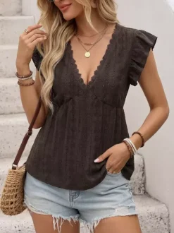 Women V Neck Scallop Lace Ruffle Cap Sleeve Peplum Textured Blouse Top