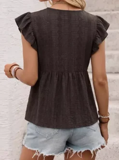 Women V Neck Scallop Lace Ruffle Cap Sleeve Peplum Textured Blouse Top