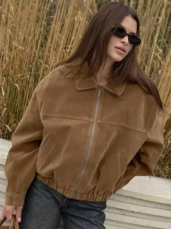 Women Vintage Suede Collar Zip Bomber Jacket Elastic Cuff Hem Cropped Coat