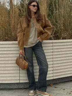 Women Vintage Suede Collar Zip Bomber Jacket Elastic Cuff Hem Cropped Coat