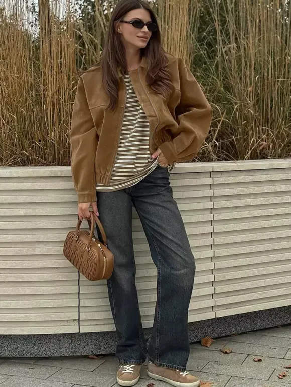 Women Vintage Suede Collar Zip Bomber Jacket Elastic Cuff Hem Cropped Coat