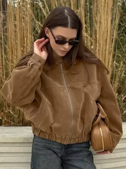 Women Vintage Suede Collar Zip Bomber Jacket Elastic Cuff Hem Cropped Coat