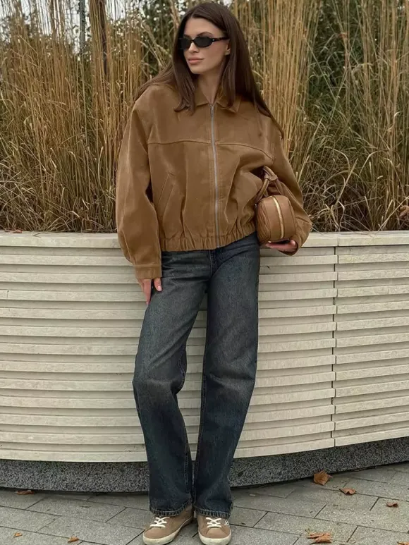 Women Vintage Suede Collar Zip Bomber Jacket Elastic Cuff Hem Cropped Coat