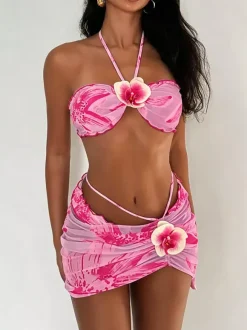 Women Bikini Swimsuit Orange Lace Up Summer Sexy Swimming Suits