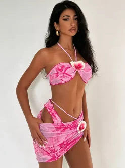 Women Bikini Swimsuit Orange Lace Up Summer Sexy Swimming Suits