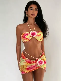 Women Bikini Swimsuit Orange Lace Up Summer Sexy Swimming Suits