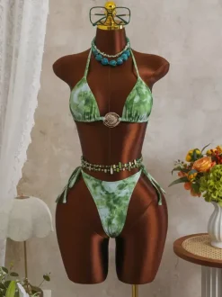Women Bikini Swimsuit Pink Metal Details Natural Waist Summer Sexy Bathing Suits