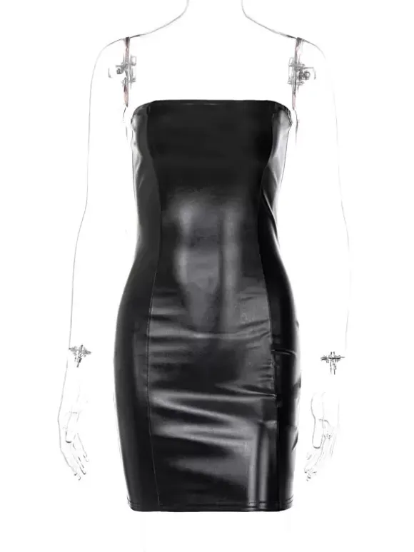 Women Black Club Dress Pleated Sleeveless Pu Backless Sexy Bodycon Dress