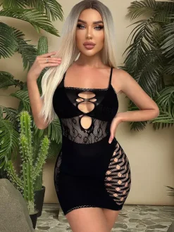 Women Chemise Cut-Out Sheath White NylonStrapless Stretch Mesh Mini Dress Lingerie