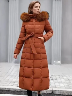 Women Coat Belted Removable Faux Fur Collar Hooded Full Length Winter Coat