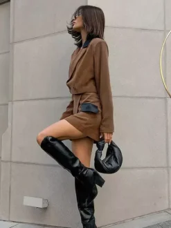 Women Contrast Leather Collar Cropped Blazer Wrap Mini Skirt 2 Piece Suit Set