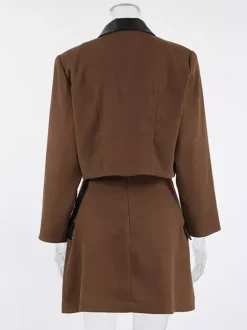 Women Contrast Leather Collar Cropped Blazer Wrap Mini Skirt 2 Piece Suit Set