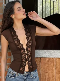 Women Crop Top Black Ruffled Ruffles Buttons V-Neck Sexy Tops