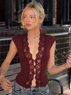 Women Crop Top Black Ruffled Ruffles Buttons V-Neck Sexy Tops