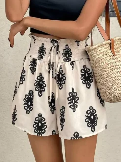 Women Damask Print Paperbag Shorts Smocked Ruffle Waist Drawstring Casual Shorts