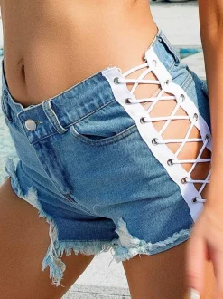 Women Denim Shorts White Cotton Straight Extra Short Casual Grommets Hot Pants