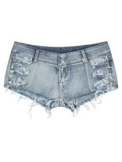 Women Denim Shorts Zipper Fly Layered Irregular Raised Waist Cowboy Skinny Summer Shorts