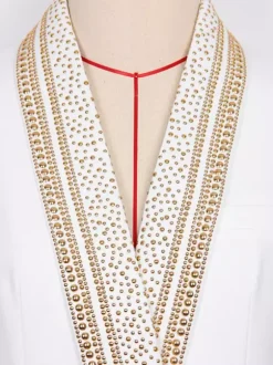 Women Gold Beaded Shawl Lapel Double Breasted Long Sleeve Blazer Jacket