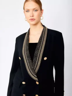 Women Gold Beaded Shawl Lapel Double Breasted Long Sleeve Blazer Jacket