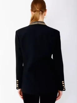 Women Gold Beaded Shawl Lapel Double Breasted Long Sleeve Blazer Jacket