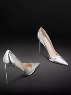 Women High Heel Pumps Silver Patchwork Mesh Pointed Toe Dress Shoes