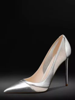 Women High Heel Pumps Silver Patchwork Mesh Pointed Toe Dress Shoes
