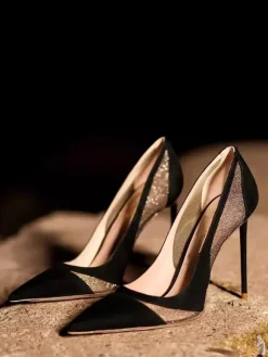 Women High Heel Pumps Silver Patchwork Mesh Pointed Toe Dress Shoes