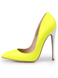 Women High Heels Pointed Toe Slip On Pumps Yellow Basic Heeled Shoes