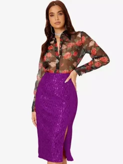 Women High Waist Sequin Midi Skirt Front Slit Bodycon Pencil Party Skirt