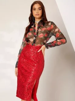 Women High Waist Sequin Midi Skirt Front Slit Bodycon Pencil Party Skirt