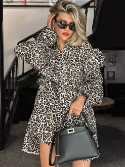 Women Jacket Turndown Collar Buttons Leopard Print Long Sleeve Outerwear