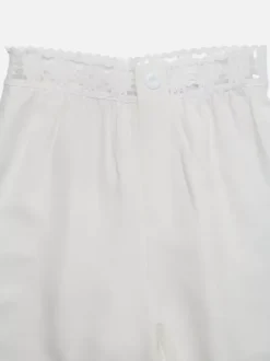 Women Lace Waist Wide Leg Pants Cream White Elastic High Waist Trousers
