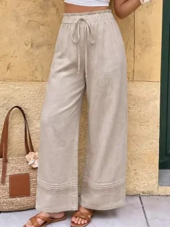 Women Linen Blend Drawstring Wide Leg Pants Lace Hem Elastic Waist Casual Trousers
