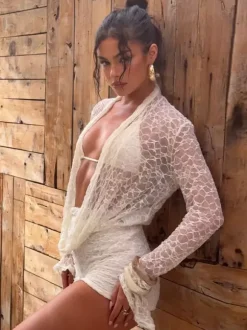 Women Mesh Lace 2 Piece Cover Up Set Long Sleeve Wrap Top Shorts Beach Outfit