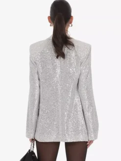Women Notched Lapel Double Breasted Sequin Oversized Blazer Jacket