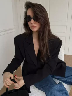 Women Notched Lapel Single Button Fitted Waist Tailored Black Blazer Jacket