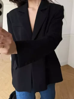 Women Notched Lapel Single Button Fitted Waist Tailored Black Blazer Jacket