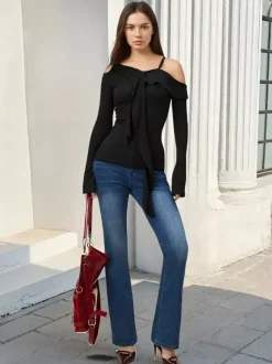 Women Off Shoulder Ruffle Tie Long Sleeve Slim Top Spaghetti Strap Blouse