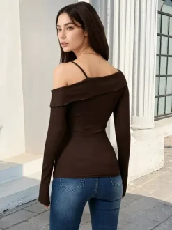 Women Off Shoulder Ruffle Tie Long Sleeve Slim Top Spaghetti Strap Blouse