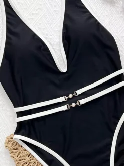 Women One Piece Swimsuits Black Two-Tone Lace Up V-Neck Summer Beach Bathing Suits