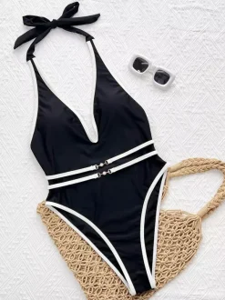 Women One Piece Swimsuits Black Two-Tone Lace Up V-Neck Summer Beach Bathing Suits