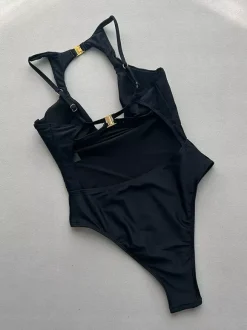 Women One Piece Swimsuits Black Metal Details Jewel Neck Backless Summer Beach Swimwear