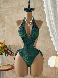 Women One Piece Swimsuits Blue V-Neck Summer Sexy Bathing Suits
