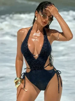 Women One Piece Swimsuits Blue V-Neck Summer Sexy Bathing Suits