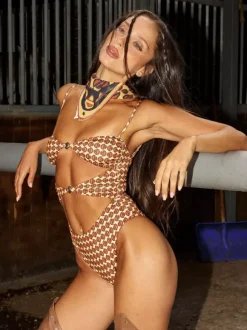 Women One Piece Swimsuits Burgundy Geometric Metal Details Summer Sexy Swimwear