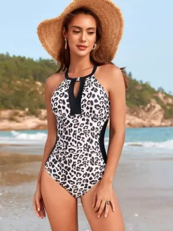 Women One Piece Swimsuits Green Floral Print Flowers Halter Summer Beach Bathing Suits