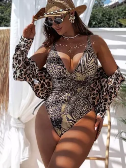 Women One Piece Swimsuits Leopard Animal Print Cut Out Straps Neck Summer Beach Bathing Suits